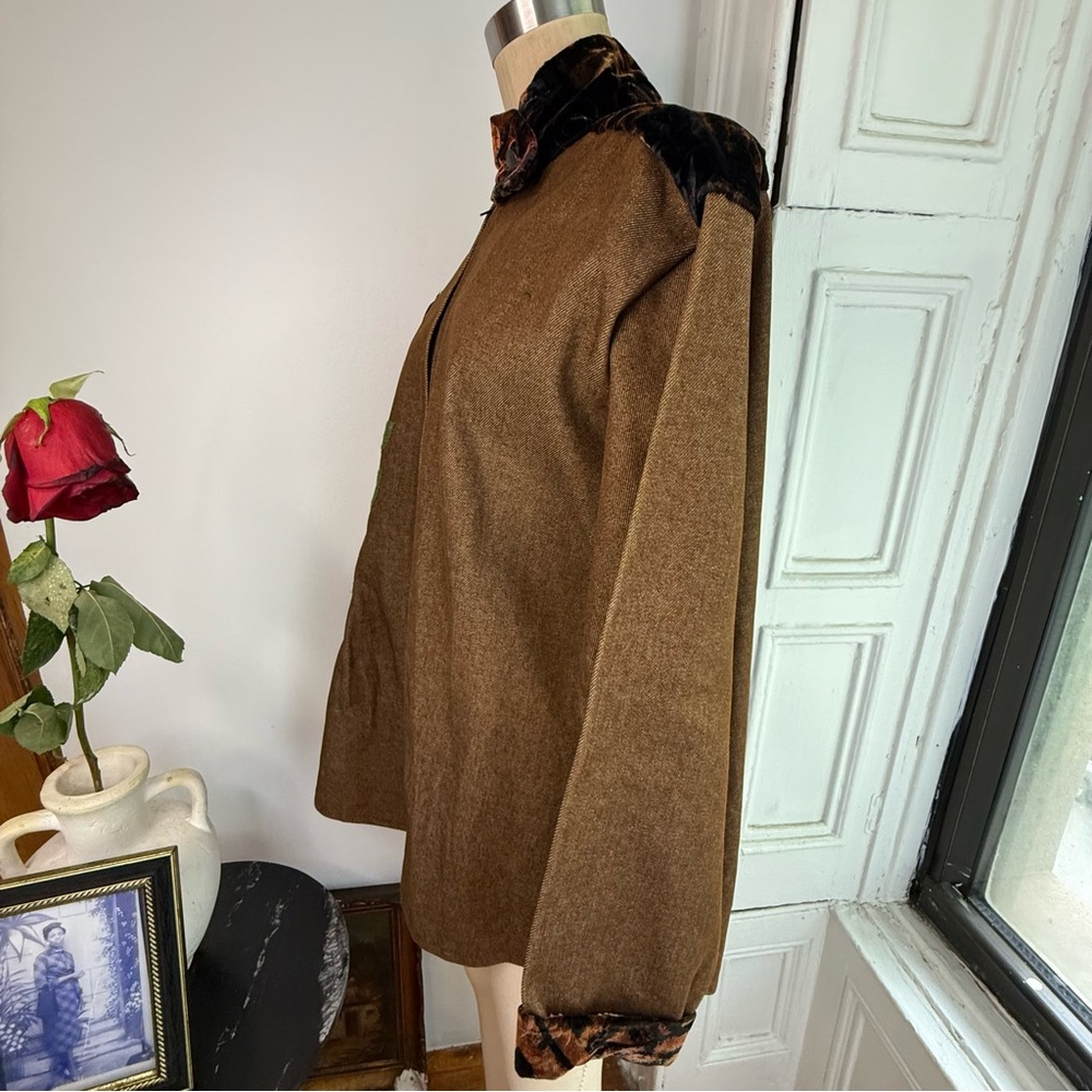 Brown Denim maximalist flower zip up velvet patch work bomber jacket - Picture 4 of 16
